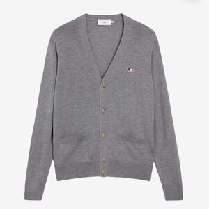 NWT Maison Kitsune Unisex Tricolor Fox Patch Classic Cardigan Grey Melange Med